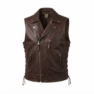 Gilet de motard en cuir véritable pour homme avec fermeture éclair et lacets latéraux pour l'hiver - Product Image 1