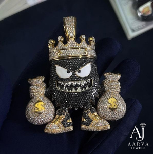 925 Sterling <b>Silver</b> Bezel Setting Moissanite <b>Crown</b> Money Bag Pendant 3D Monster Charm Gold Plated Men Streetwear Party Jewelry - Product Image 1
