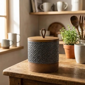 Rustic Ceramic Storage Canister Wooden <b>Lid</b> Embossed Texture Airtight Kitchen Jar Premium Countertop Organizer Farmhouse <b>Decor</b> - Product Image 4