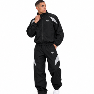 <b>Black</b> Track Suit Stand Collar <b>Zip</b> Jacket Loose Fit Track Pants Contrast Panel Sportswear Windbreaker Custom Wholesale <b>Hoodies</b> - Product Image 6