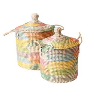 Cesta de Almacenamiento Redonda de Pasto Marino Natural para Niños, Cesta Tejida para Utensilios de Cocina, Cesta Colorida con Tapa - Product Image 1