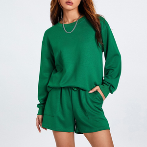 Women's <b>2</b> <b>Piece</b> <b>White</b> Woven Sweatshirt Shorts <b>Set</b> Crew Neck Regular Fit Casual All Seasons Solid Color Pocket Embroidered ODM - Product Image 4