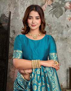 Sari de Seda Turquesa con Bordado Floral Dorado Zari, Traje Tradicional Indio para Bodas, para Mujer, Largo hasta el Suelo, Corte Regular - Product Image 4