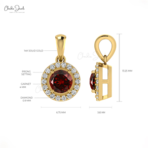 Pendentif halo en grenat naturel taillé rond de 4 mm en or massif 14 carats fait main avec pavé de diamants en or massif 14 carats provenant d'un vendeur vérifié - Product Image 4