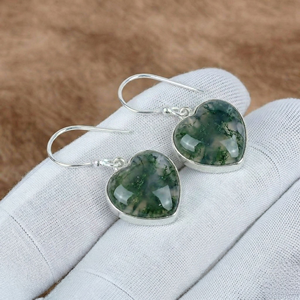Pendientes de Plata de Ley 925 Maciza con Ágata Musgosa Engastada a Mano, Corte Corazón, Inspirados en la Naturaleza para Mujer - Product Image 1