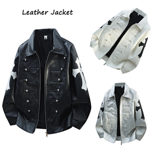 Contrasting Color Minimalist Rivet Design Vintage <b>Motorcycle</b> Style <b>Retro</b> Casual Breathable Windproof PU Leather <b>Jacket</b> Zipper - Product Image 1