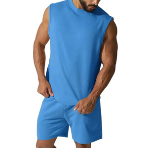 Ensemble débardeur et short vert sans manches pour homme, col rond, couleur unie, tricoté en coton et élasthanne, respirant, tenue décontractée d'été - Product Image 3