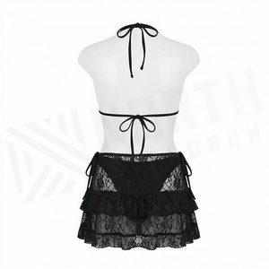 Women Black Lace Halter <b>Bikini</b> <b>Set</b> With Floral Pattern Skirt Bottom 2 Piece Swimwear - Product Image 2