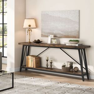 Mesa Consola de 2 Niveles de Madera Maciza de Acacia Natural con Estructura de Metal Negro para Sala de Estar, Entrada, Pasillo, Muebles para el Hogar - Product Image 5