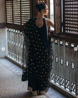 Sari en soie noire avec broderie dorée, longueur standard, tenue formelle traditionnelle pour mariage, toutes saisons, pour femmes, style Inde Pakistan