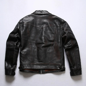 Veste moto en cuir véritable pour homme, col rabattu, fermeture éclair, couleur unie, coupe classique, pour l'automne - Product Image 2