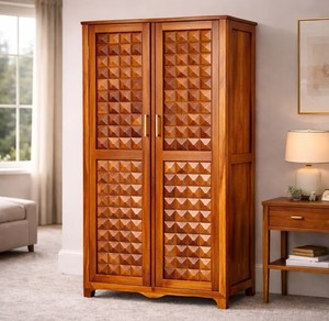 Armoire en bois massif sculpté en 3D avec diamants |   Armoire de chambre à coucher à 2 portes avec étagères |   Exportation de Jodhpur - Product Image 1