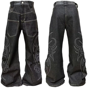 Jeans de mezclilla de cintura alta y pierna ancha para hombre con bordado tribal, estilo casual holgado, pantalones de mezclilla de algodón para otoño. - Product Image 1