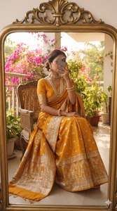Sari en soie Banarasi jaune moutarde, motifs Bandhani à pois et animaux, bordure tissée Zari, pièce de blouse assortie, Prayosha Enterprise - Product Image 2