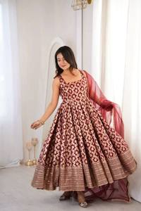 Robe Anarkali en jacquard floral marron avec dupatta, tenue de soirée de créateur, robe ethnique de mariage pour femmes - Product Image 6