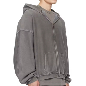 เสื้อฮู้ดซิปผู้ชายทรงโอเวอร์ไซส์ สีพื้น ผ้าฟลีซคอตตอน แห้งเร็ว 360 กรัม ล้างสีแบบแอซิดวอช สไตล์สตรีทแวร์ เสื้อกันหนาว - Product Image 6