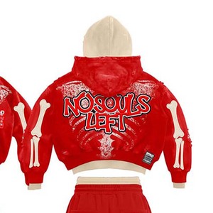 Conjunto de Sudadera con Capucha Roja para Hombre, Estampado Digital, Estilo Urbano, Conjunto de Dos Piezas con Pantalones Forrados de Felpa con Patrón de Huesos - Product Image 4