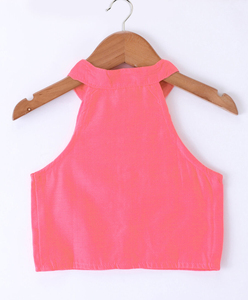 Haut sans manches en chanderi tissé Twisha, uni, avec pantalon palazzo - Corail et vert lime - Product Image 4