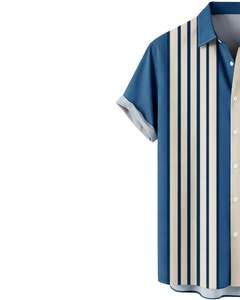 Chemise à manches courtes boutonnée à rayures verticales bleues et beiges, imprimé géométrique, décontractée, été, homme, fabricant OEM, sur mesure, en gros - Product Image 3
