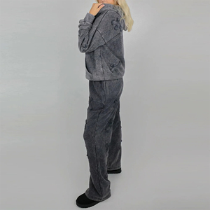 Chándal de invierno OEM para mujer, con encaje sólido, pedrería, logotipo bordado personalizado, lavado ácido, estilo urbano, 100% algodón, forro polar transpirable - Product Image 2