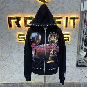 เสื้อฮู้ดดี้แบบซิปเต็มตัวขนาดใหญ่พิเศษ พิมพ์ลายกราฟิก DTF ประดับด้วยคริสตัล ผ้าฝ้ายฟลีซหนานุ่ม สไตล์สตรีทแวร์ รับผลิตแบบ OEM ODM - Product Image 1