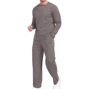 Ensemble de pyjama en tricot uni à manches longues pour homme, taille plus, vêtements décontractés d'automne, 100% coton, jogging, survêtement gris, décontracté, automne - Product Image 5