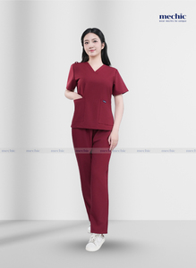 Women's <b>Maroon</b> Scrub Set V-Neck Short Sleeve Hospital Uniform Knitted Cotton Polyester Pants Included from in Viet Nam - Product Image 4