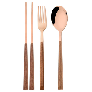 Juego de cubiertos creativo con mango de madera en oro rosa, juego de vajilla de acero inoxidable, juego de palillos, tenedor y cuchara con mango de madera pulido a espejo - Product Image 1