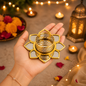 Golden Lotus Tealight Candle Holder | Metal Mirror Diya Holder for Diwali Decoration | Decorative <b>Tea</b> <b>Light</b> Stand for Home Decor - Product Image 3