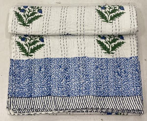 Hand Block Printed Kantha <b>Quilt</b> Blue Cotton Floral Pattern Traditional Indian Stitched Bedspread Home Decor <b>Throw</b> Cover - Product Image 3