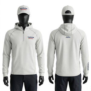 Sudadera con capucha para entrenamiento de golf para hombre, 320 GSM, poliéster, spandex, forro polar, verde oliva, panel raglán, cierre con cremallera, logotipo bordado personalizado, rendimiento superior. - Product Image 2