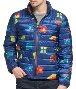 Men's Blue Printed Puffer <b>Jacket</b> Stand Collar Zipper Closure Windproof <b>Casual</b> Winter Coat Regular Fit - Product Image 2