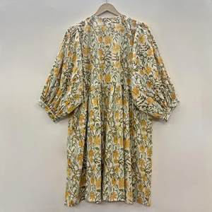 Vestido Casual Midi para Mujer, Tejido 100% Algodón, Liso, Manga Corta, Cintura Imperio, Estilo Babydoll, Cuello en V, Holgado, Funcional - Product Image 2