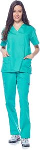 Conjunto de uniforme médico verde menta para mujer, top con cuello en V y pantalones, poliéster y algodón tejido. - Product Image 4