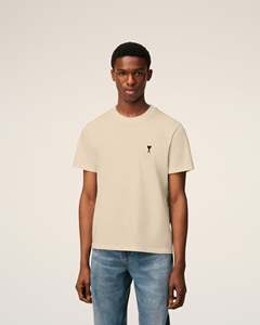 T-shirt personnalisé pour homme, beige, manches courtes, coupe classique, logo brodé, col rond, jersey en coton, style minimaliste - Product Image 1