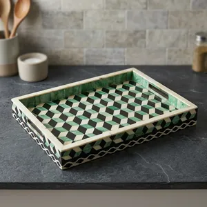 Plateau de service décoratif fait main en os incrusté avec motif mosaïque vert, plateau rectangulaire pour table basse et décoration intérieure - Product Image 3