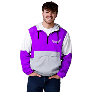 <b>Men's</b> Blue White Color Block Hooded Quarter Zip Windproof Sport <b>Jacket</b> With Logo Front Pocket Design - Product Image 5
