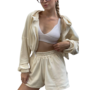 Conjunto de 2 Piezas para Mujer, Color Amarillo, Casual, Tejido de Algodón, Corte Regular, Sudadera con Capucha y Cierre, Pantalones Cortos hasta la Rodilla, Transpirable, con Cordón Ajustable, Primavera - Product Image 6