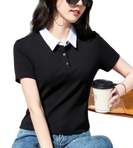 Camiseta Polo de Algodón Nueva de Verano, Cuello Polo de Color Sólido, Manga Corta, Cintura Alta, Estilo Corto, Corte Ajustado, Moda Casual para Mujer - Product Image 5