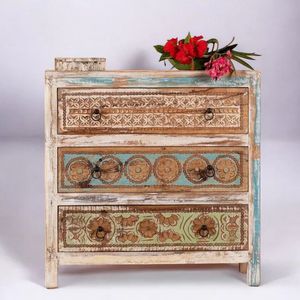 Handcrafted Recycled Wood 3 Drawer <b>Chest</b> Antique Cabinet Carved <b>Storage</b> Drawer Cabinet for Living Room Bedroom - Product Image 1