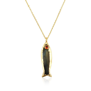 Colgante de Labradorita con Forma de Pez y Acento de Circonita Roja, Chapado en Oro de 18k, Joyería al por Mayor para Mujer, Collar con Colgante de Gema Tallada - Product Image 1