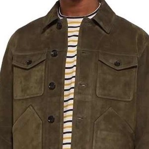 <b>Men's</b> Olive <b>Suede</b> Shirt <b>Jacket</b> Workwear Style Turn-down Collar Regular Fit Autumn Wear Button Closure Solid Color - Product Image 4