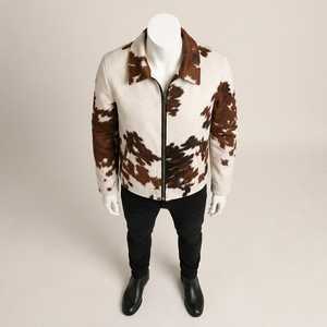 Blouson aviateur en cuir de vachette véritable pour homme, imprimé animal, fermeture éclair, col rabattable, vêtement d'extérieur d'hiver, coupe ajustée - Product Image 2