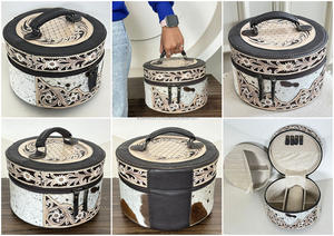 Estuche Redondo de Maquillaje de Cuero a Cuadros, Hecho a Mano, de Lujo, de Cuero Vacuno Auténtico, Organizador de Viaje para Joyas y Cosméticos - Product Image 3