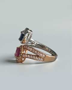 Anillo Halo de Oro Sólido de 18k con Dos Piedras de Zafiro Rosa y Azul Corte Pera, Gema Natural y Diamante Cultivado en Laboratorio, Joyería Fina - Product Image 3