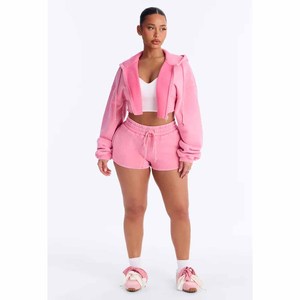 Women's <b>Pink</b> Fleece Hooded <b>Crop</b> <b>Top</b> Shorts Set Casual Two Piece Outfit Loose Fit Spring Summer Solid Color Knitted Sweatwear - Product Image 6