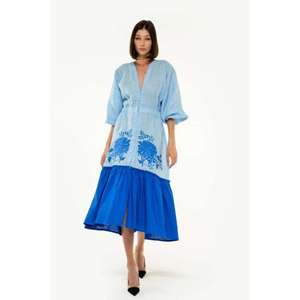 Women Cotton Embroidered <b>Boho</b> <b>Dress</b> Blue Floral V Neck Puff Sleeve Tiered Casual <b>Summer</b> Midi <b>Dress</b> - Product Image 1