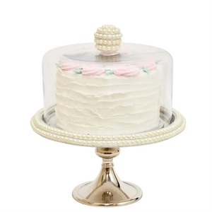 New Arrival Steel Cake Stand With Glass Lid & White Beads <b>Element</b> Dessert Stand Elegant Display <b>for</b> Weddings & Special Occasion - Product Image 4