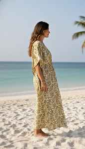 Robe kaftan en coton fleuri moutarde pour femme, style bohème, paréo de plage, maxi - Product Image 6