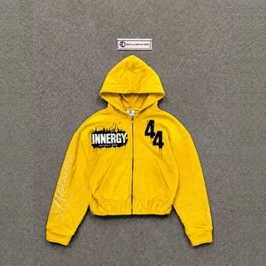 เสื้อฮู้ดซิปสีเหลืองขายส่ง ทรงปกติ ผ้าฝ้ายเฟรนช์เทอร์รี่ สวมใส่สบายๆ สำหรับฤดูใบไม้ร่วง พิมพ์ลายโลโก้ด้านหน้า สไตล์คนเมือง ทรงหลวม ใส่สบาย ลดราคา - Product Image 5